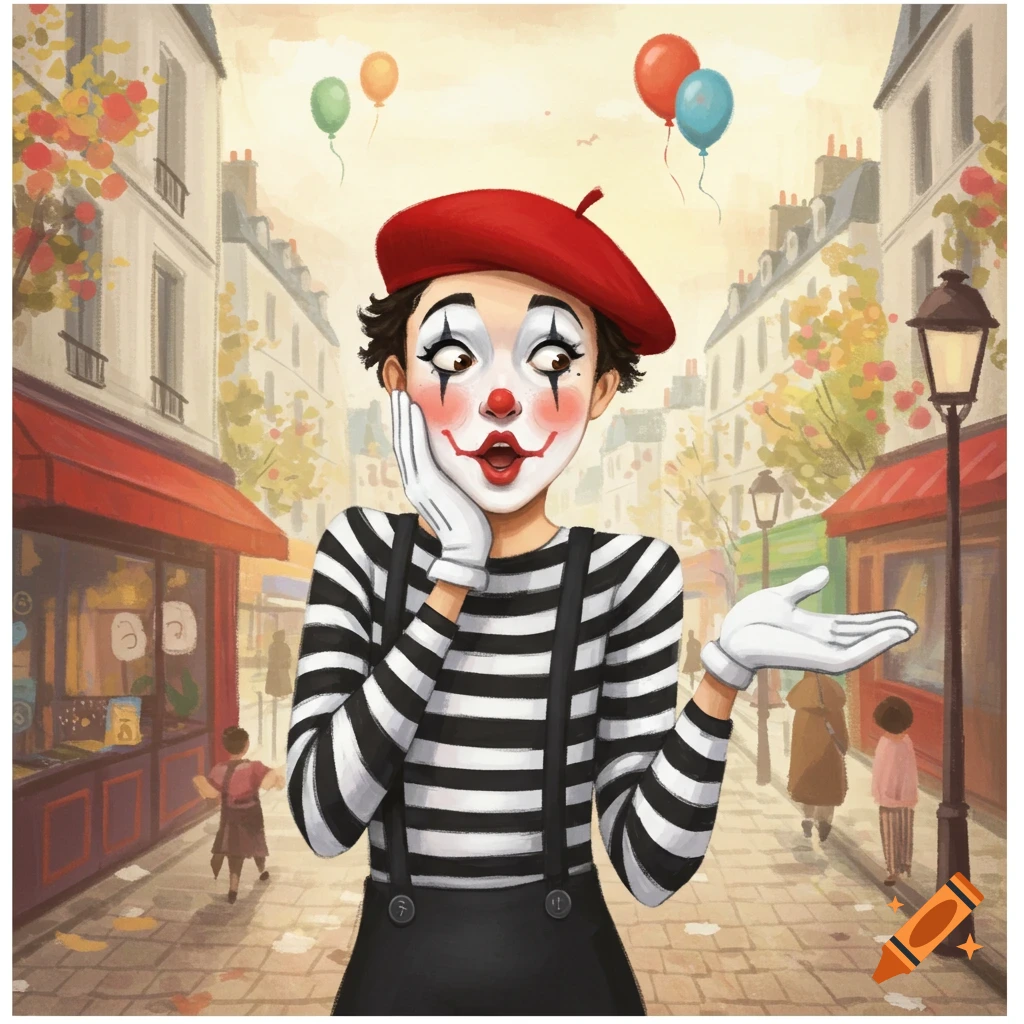 A cartoon mime with face paint and a red beret stands in a city street with balloons floating above.