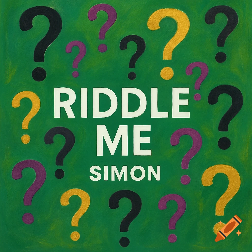 A green background with "RIDDLE ME SIMON" in white text at the center, surrounded by scattered question marks in black, purple, and gold colors.