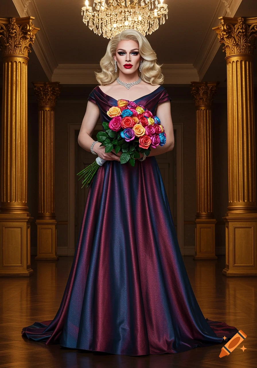 A drag queen in an iridescent gown holds a bouquet of rainbow roses in a grand hall with golden pillars and a chandelier.