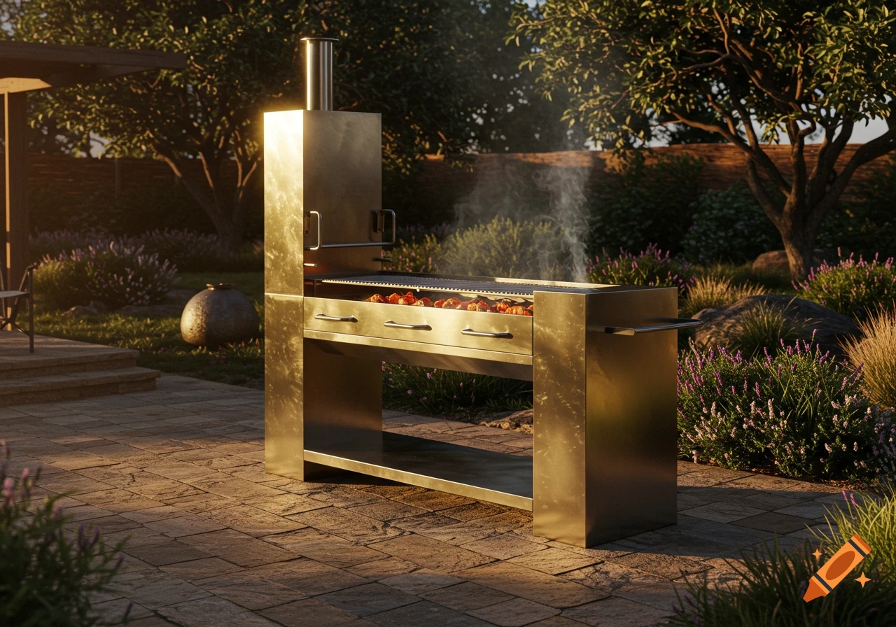 A photorealistic stainless steel braai with smoke rising and food cooking on a stone patio in a lush backyard garden.