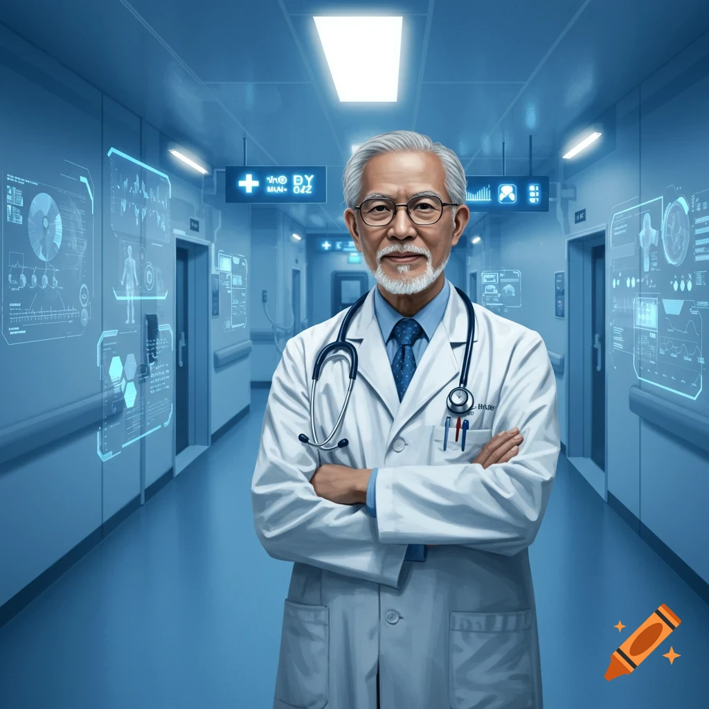 An older male doctor with a beard and glasses stands with crossed arms in a futuristic hospital hallway with glowing screens.