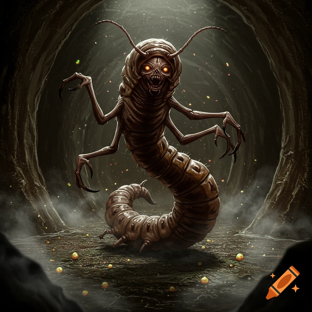 An evil-looking mealworm-like creature with glowing eyes and multiple arms stands menacingly in a dark cave.