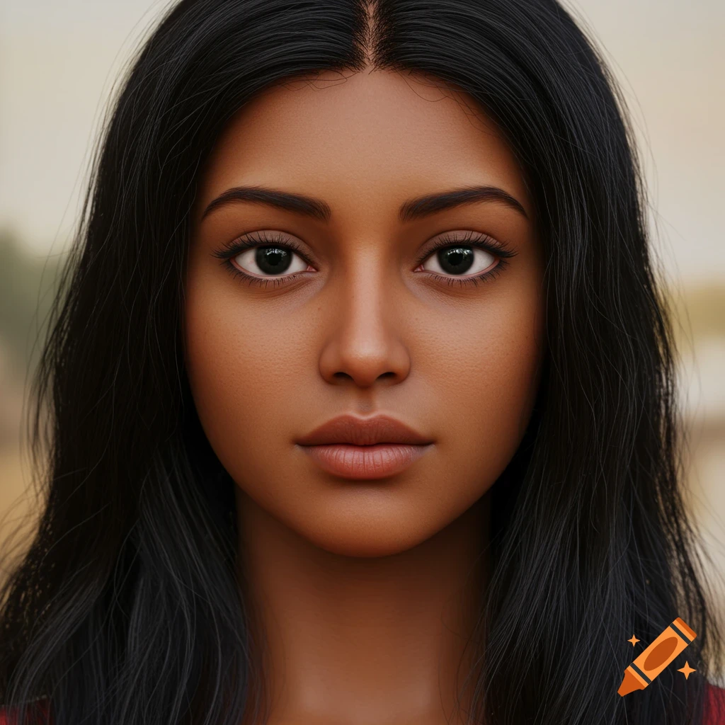 Close-up photorealistic portrait of a young woman with dark skin, long black hair, and black eyes.
