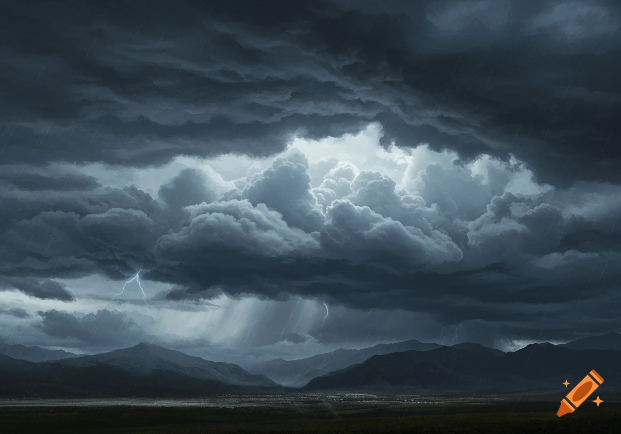 A dramatic stormy landscape with dark, rain-filled clouds, lightning, and falling rain over a mountain range.