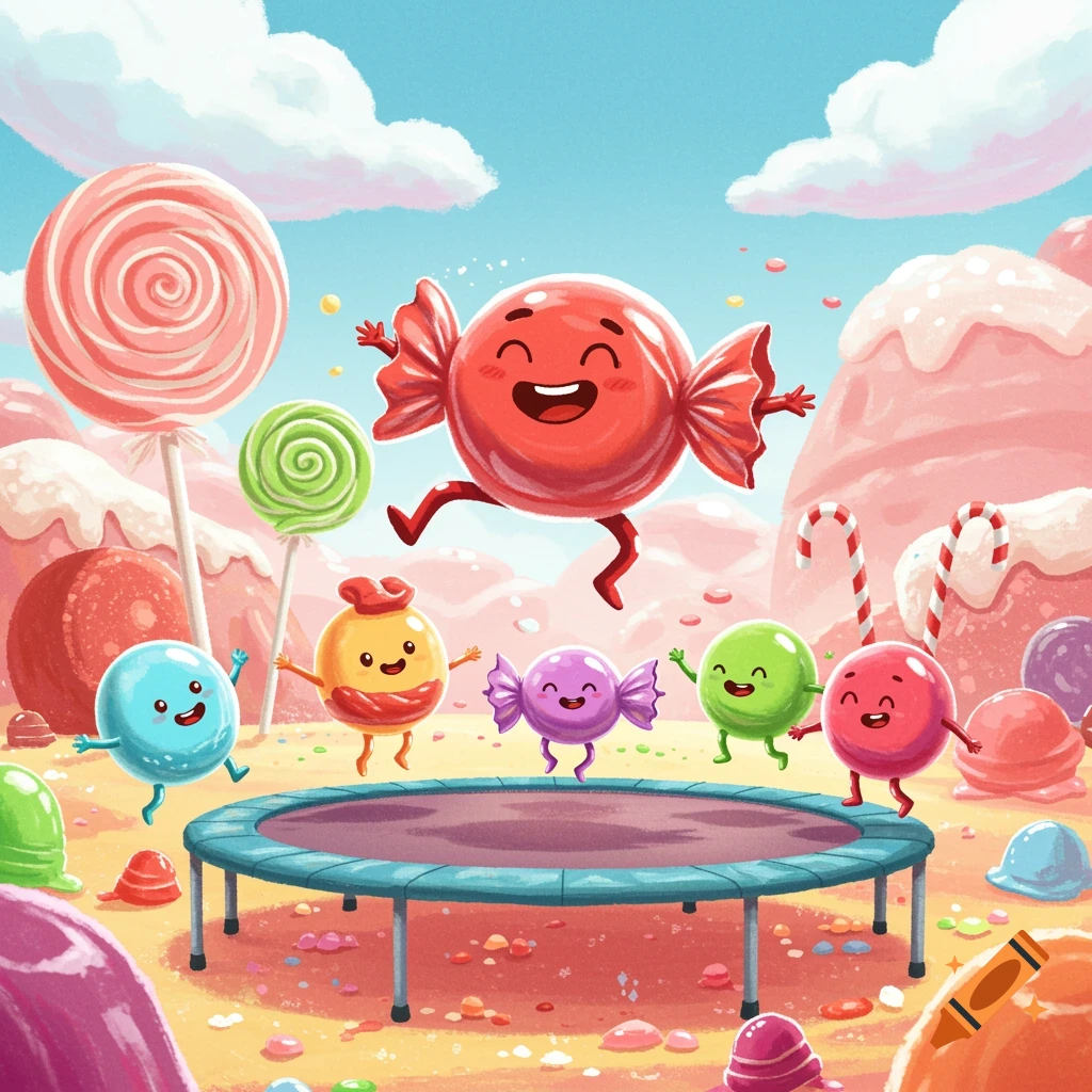 Happy anthropomorphic candies with smiling faces bounce around a trampoline in a colorful, whimsical candy land landscape.