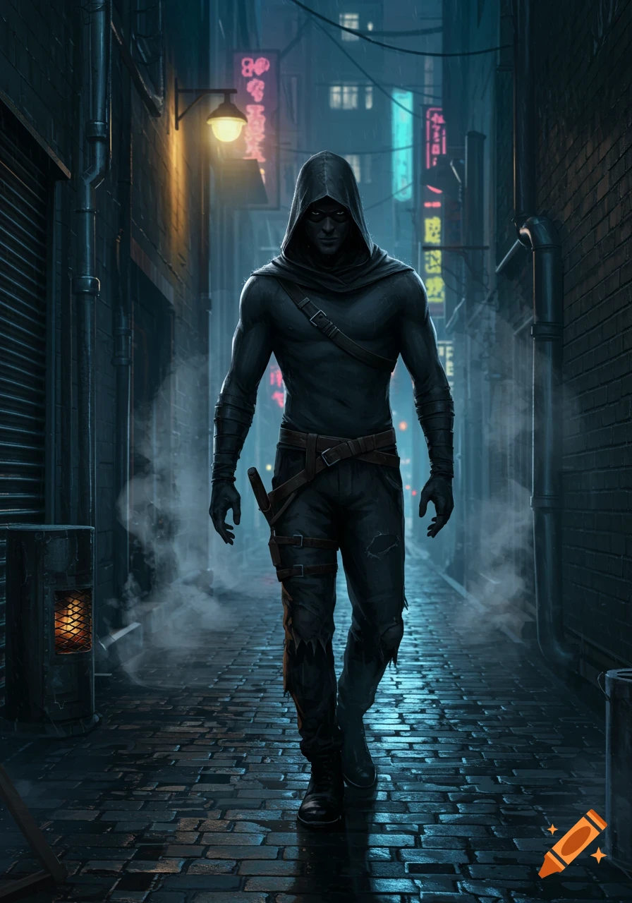 A dark hooded figure in black clothes walks down a wet, glowing alleyway at night, with neon signs in the background, photorealistic style.