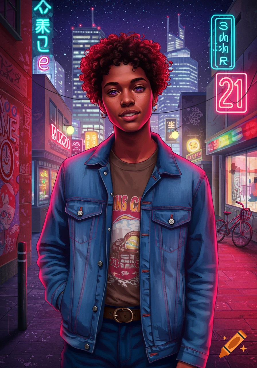 A stylized portrait of a person with curly dark red hair and purple eyes wearing a denim jacket, standing in a neon-lit cyberpunk city street at night.