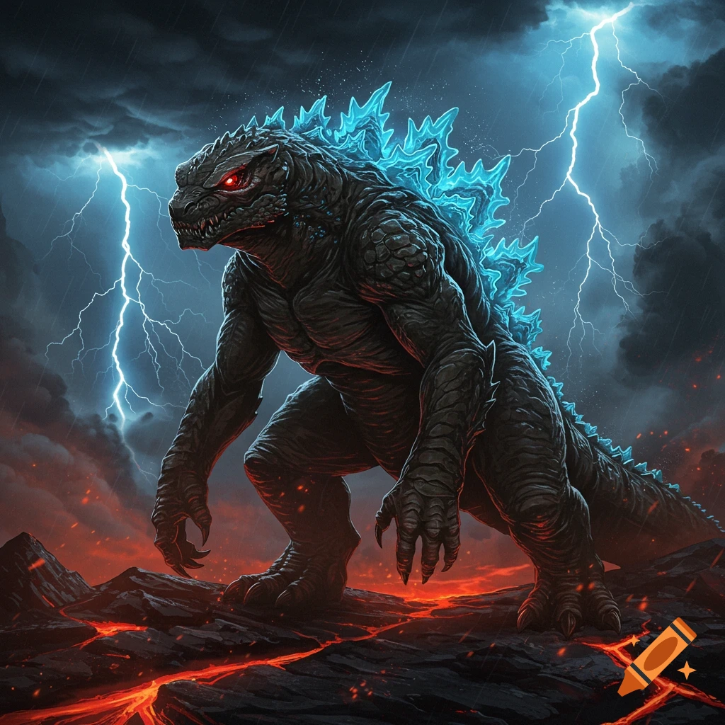 A powerful Godzilla-like monster with charcoal-black skin, glowing blue dorsal plates, and red eyes stands on a volcanic landscape under a dramatic lightning storm.