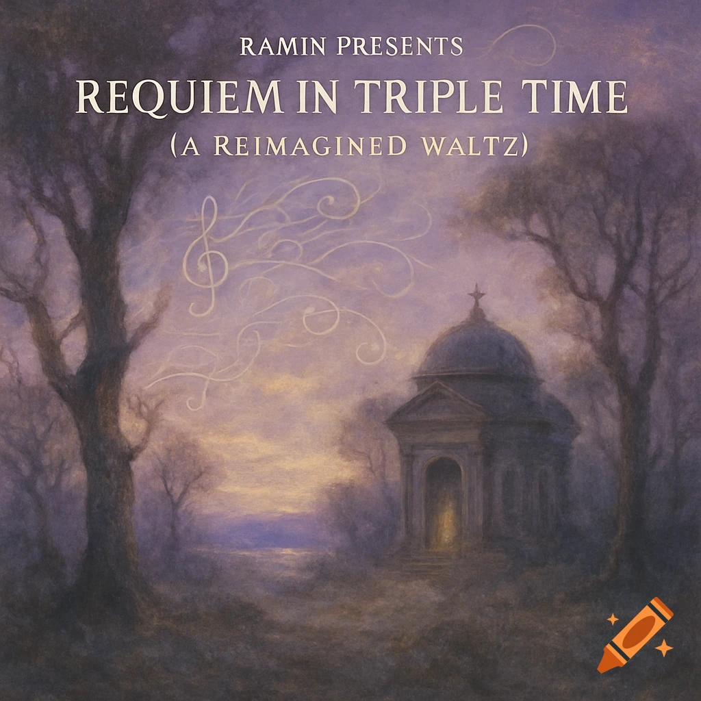 A dark, atmospheric painting of a stone mausoleum and bare trees by a misty lake at dusk, with musical notes and album title text.
