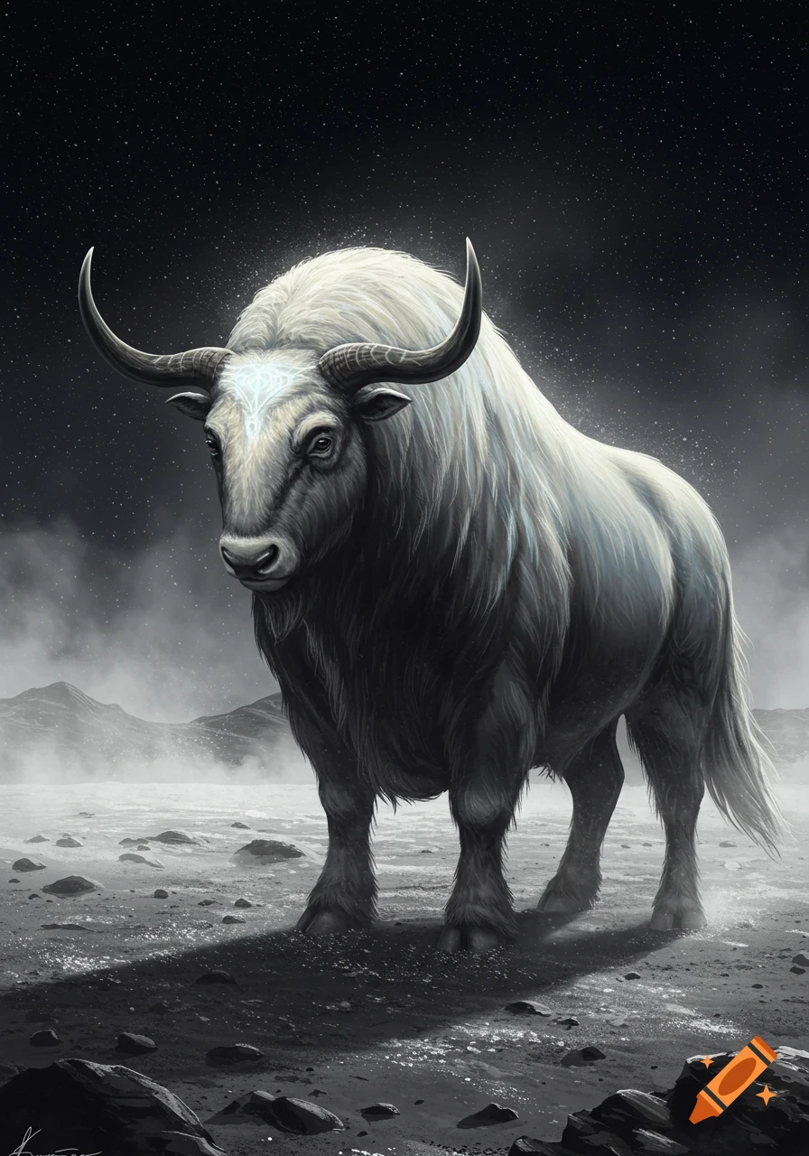 A large, white, horned ox stands on a desolate, rocky terrain under a dark, starry night sky. The creature has a mystical symbol on its forehead, depicted in a digital painting style.