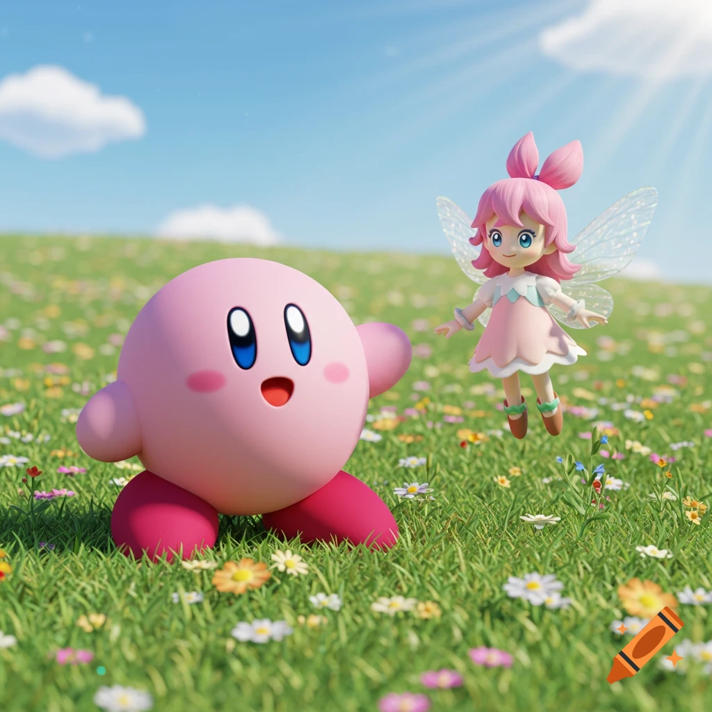 Kirby and Ribbon the fairy stand in a vibrant green field filled with colorful flowers under a bright blue sky.