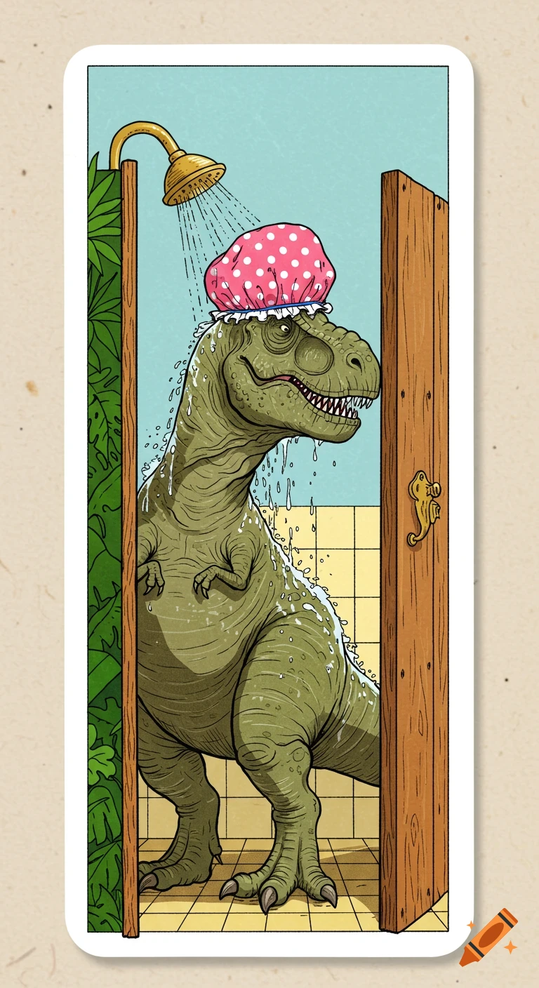 A cartoon T-Rex wearing a pink polka-dot shower cap, standing under a gold shower head with water and soap bubbles on its body.