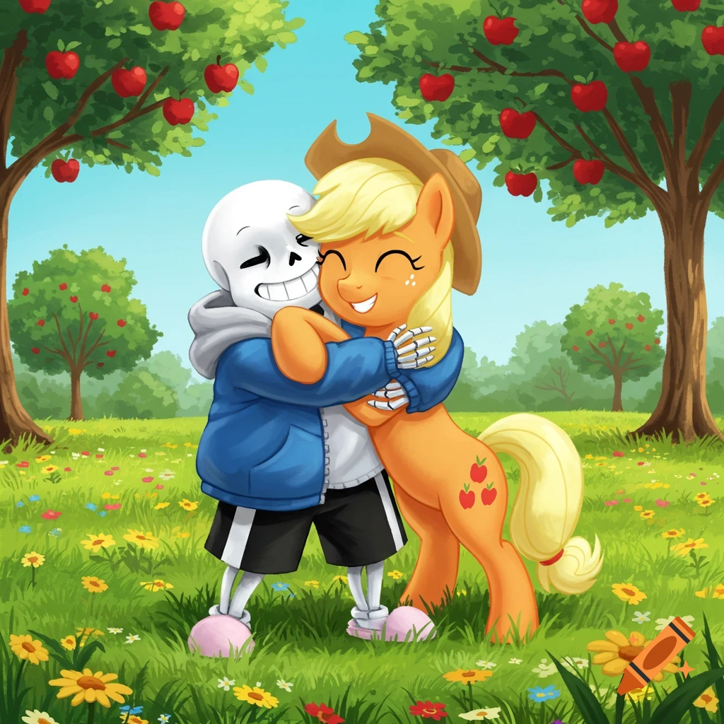 Sans the skeleton and Applejack the pony happily hug in a sunny field with blooming flowers and apple trees. Illustrated in a vibrant cartoon style.
