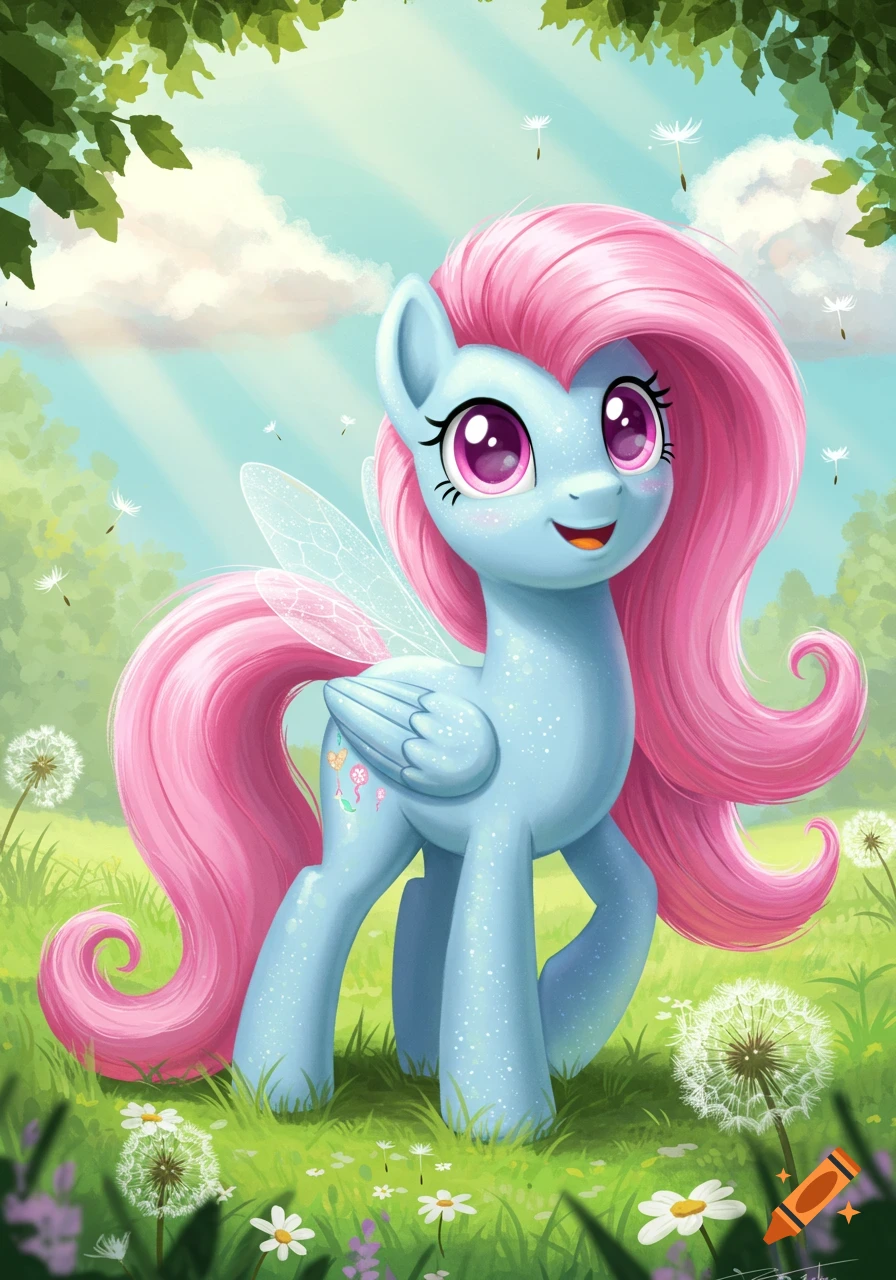 A light blue winged pony with flowing pink mane and tail, large purple eyes, and a flowery cutie mark, stands in a grassy field with dandelions and white flowers under a sunny sky.