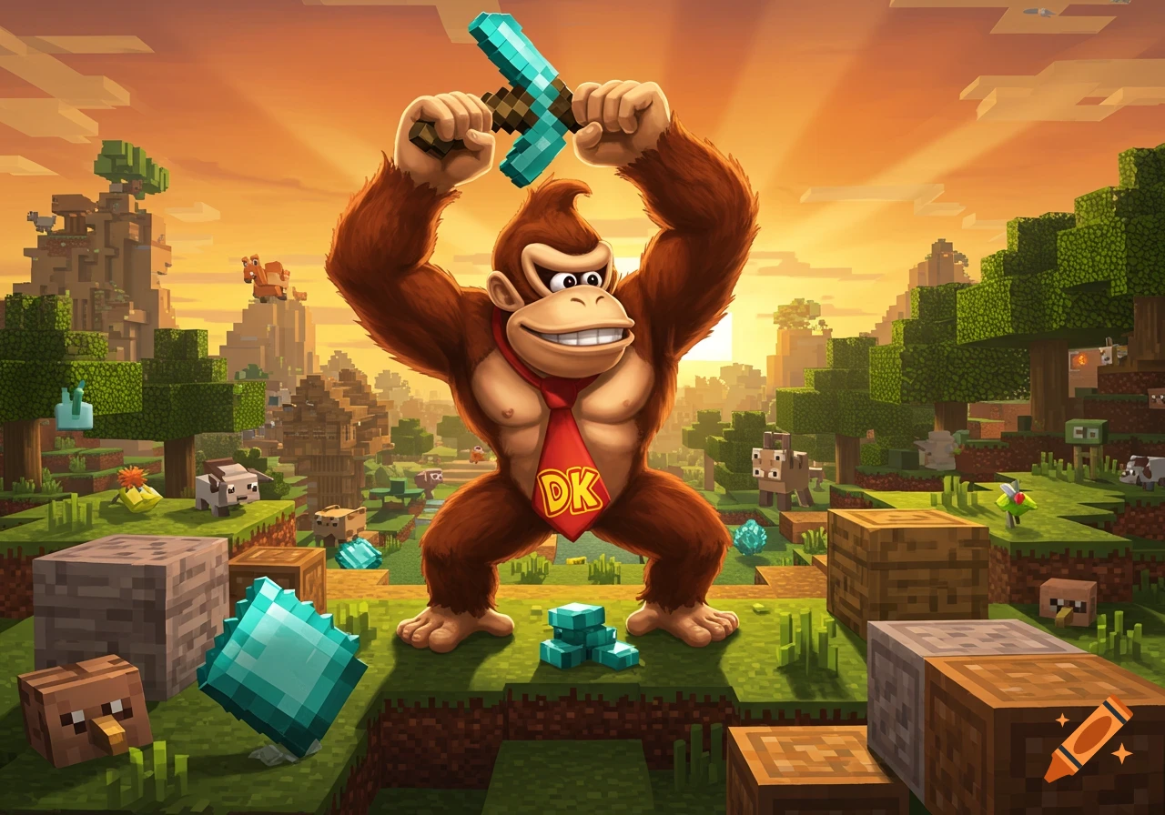 Donkey Kong, in a red tie, raises a diamond sword overhead in a blocky, pixelated Minecraft world with trees and animals.
