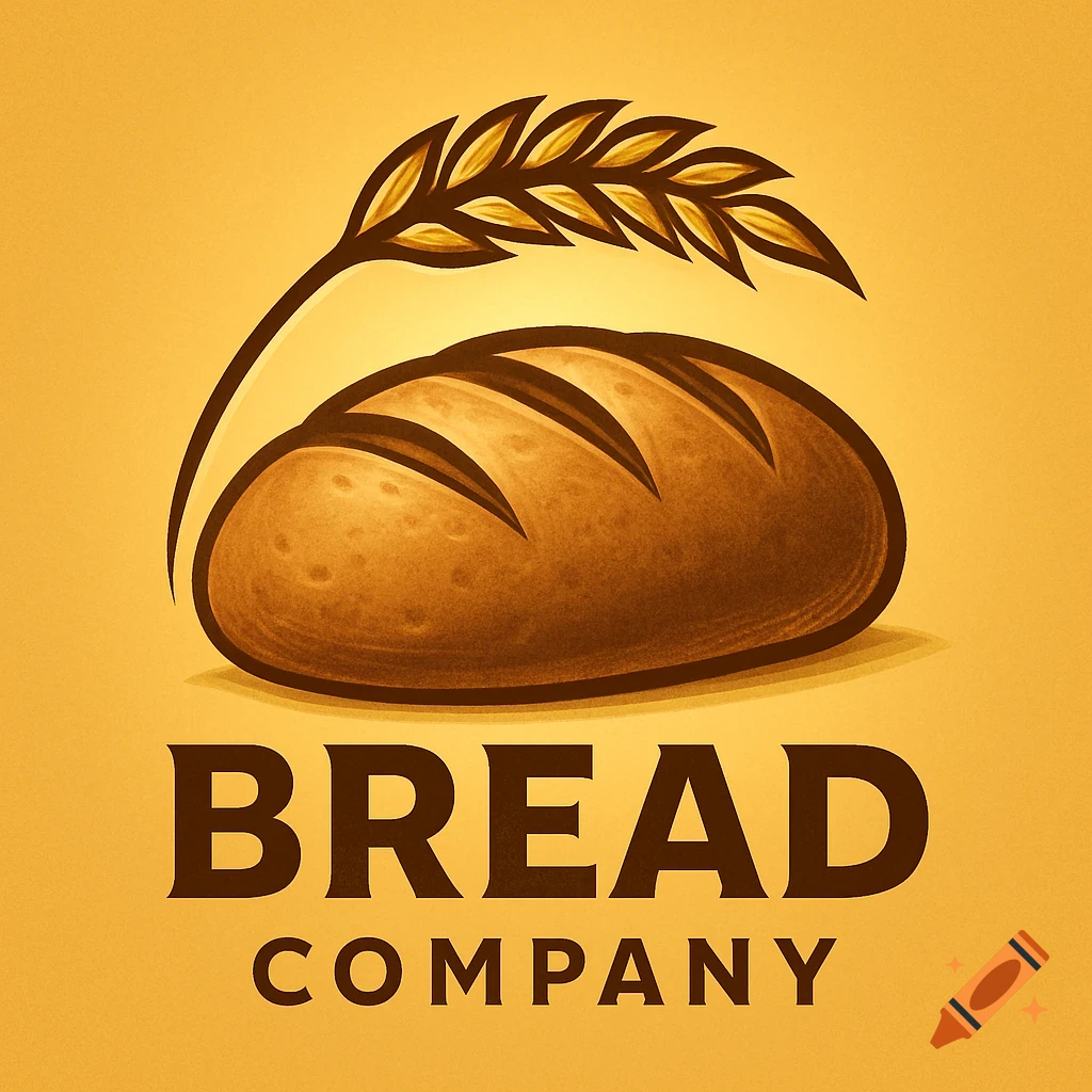 A stylized logo featuring a brown loaf of bread with a wheat stalk and the words 'BREAD COMPANY' on a golden-yellow background.