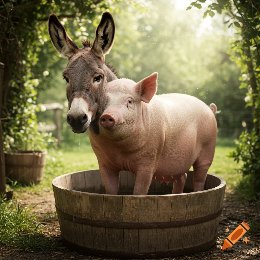 Photorealistic image of a donkey-pig chimera standing in a wooden washtub in a lush, sunny outdoor setting.