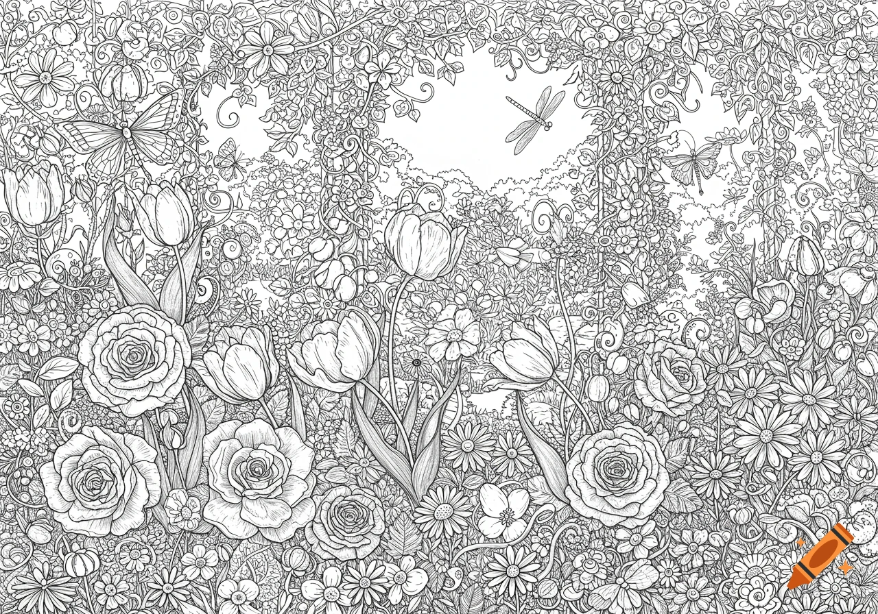 Detailed black and white line art of a garden with roses, tulips, daisies, butterflies, and a dragonfly, suitable for a coloring book.