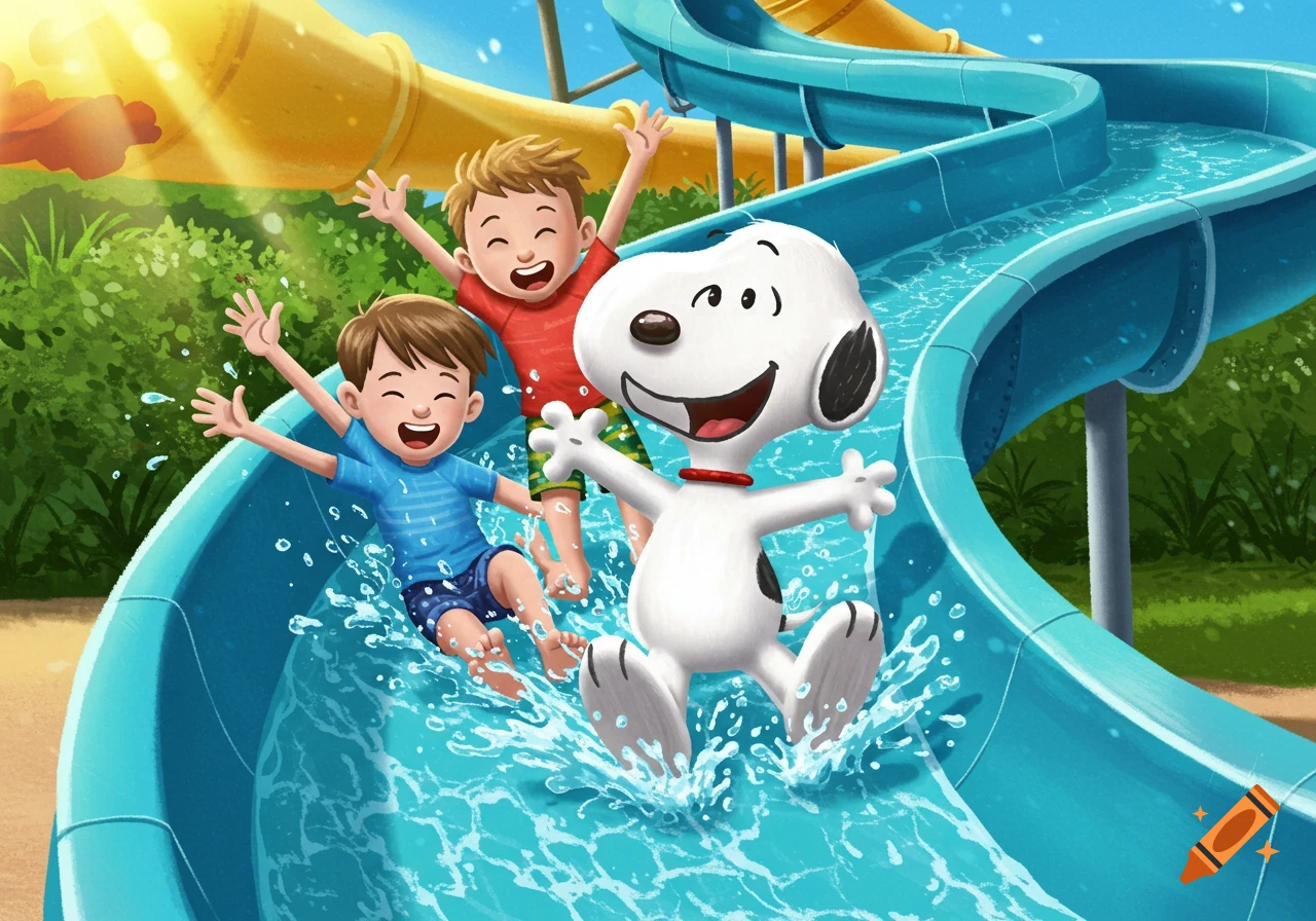 Snoopy and two happy boys splash down a blue water slide at a water park in a vibrant cartoon style.