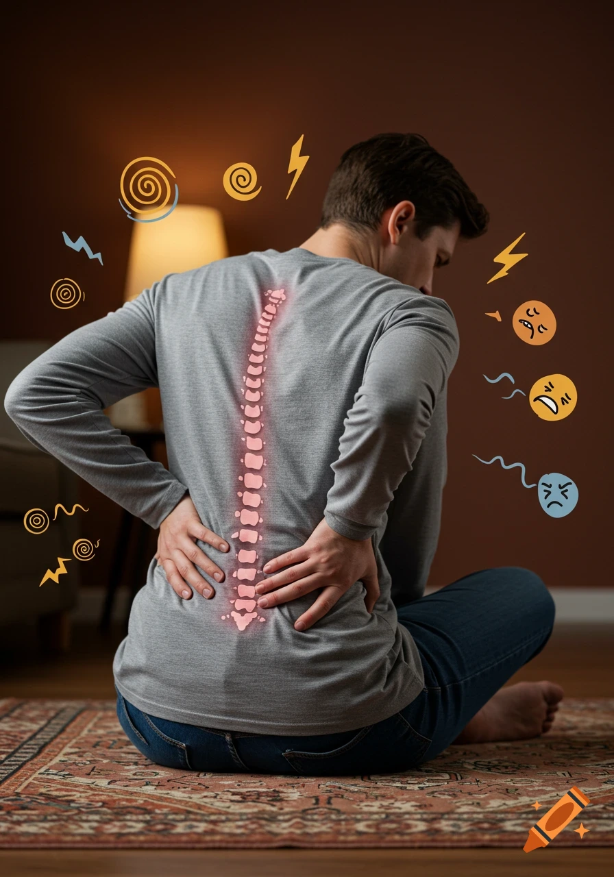 A man sits on the floor holding his aching lower back, with an illustrated spine and cartoon pain symbols.