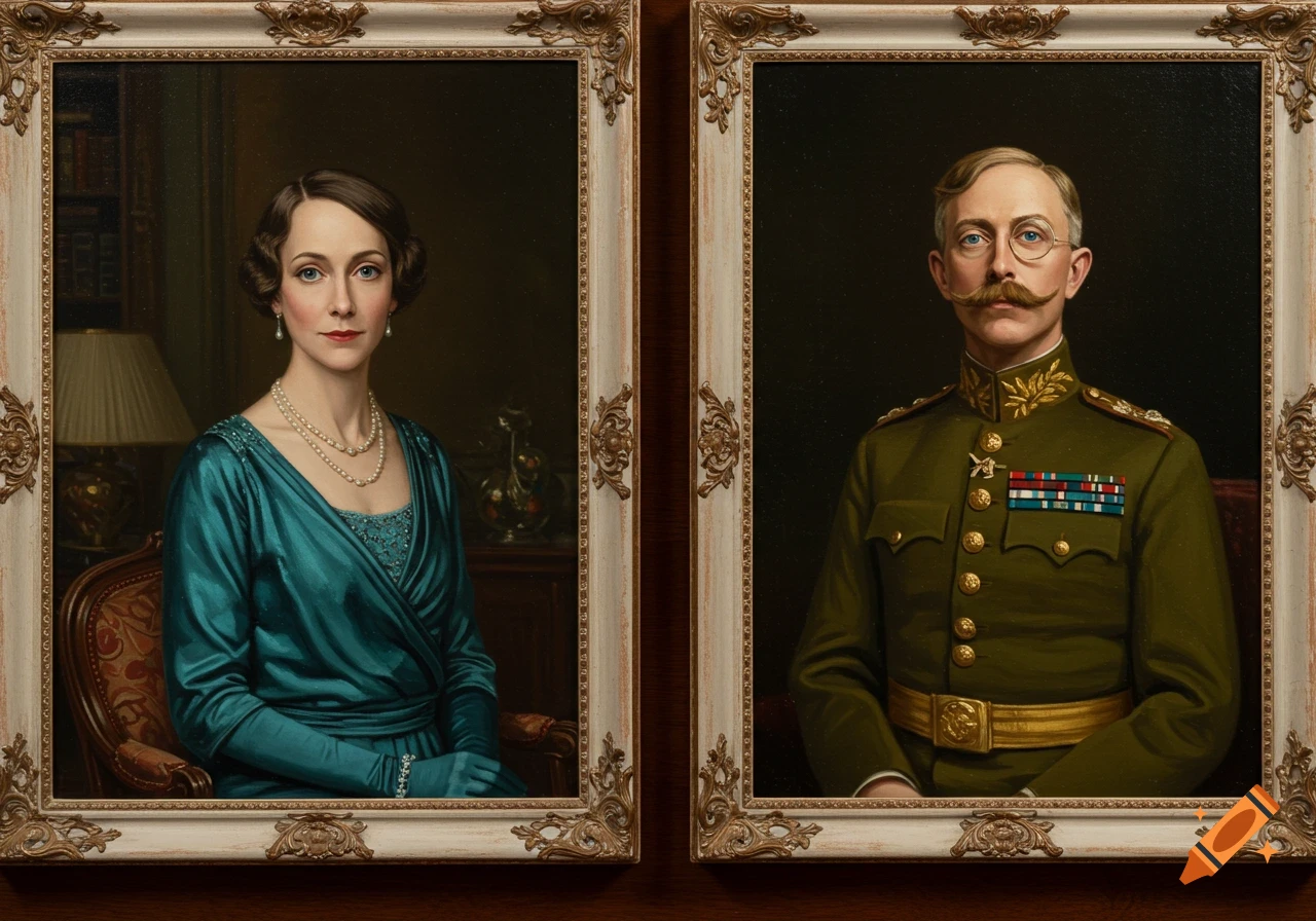 Two framed oil portraits, a woman in a teal dress and pearls, and a man in a military uniform with a mustache and monocle.