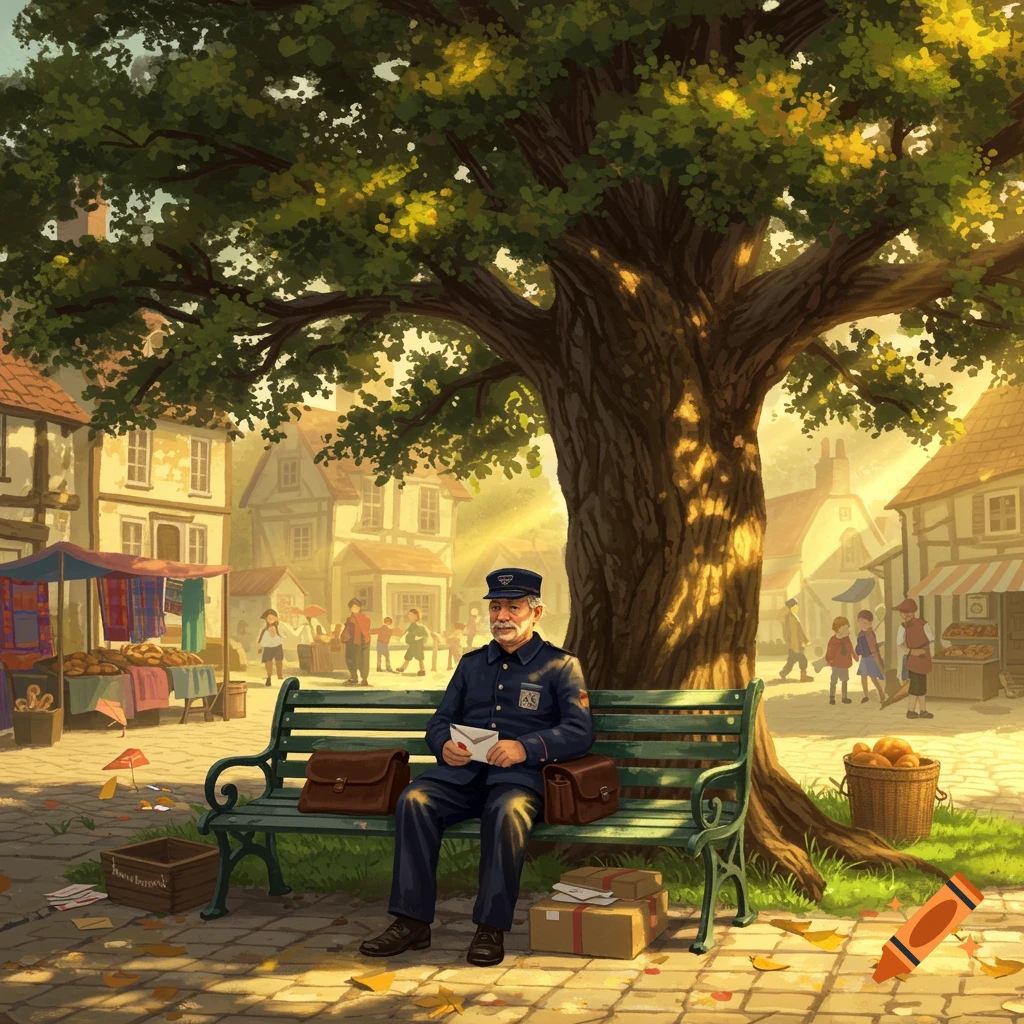 An illustrated scene of a postman in uniform sitting on a green park bench under a large tree in a sunny town square with market stalls and people in the background.