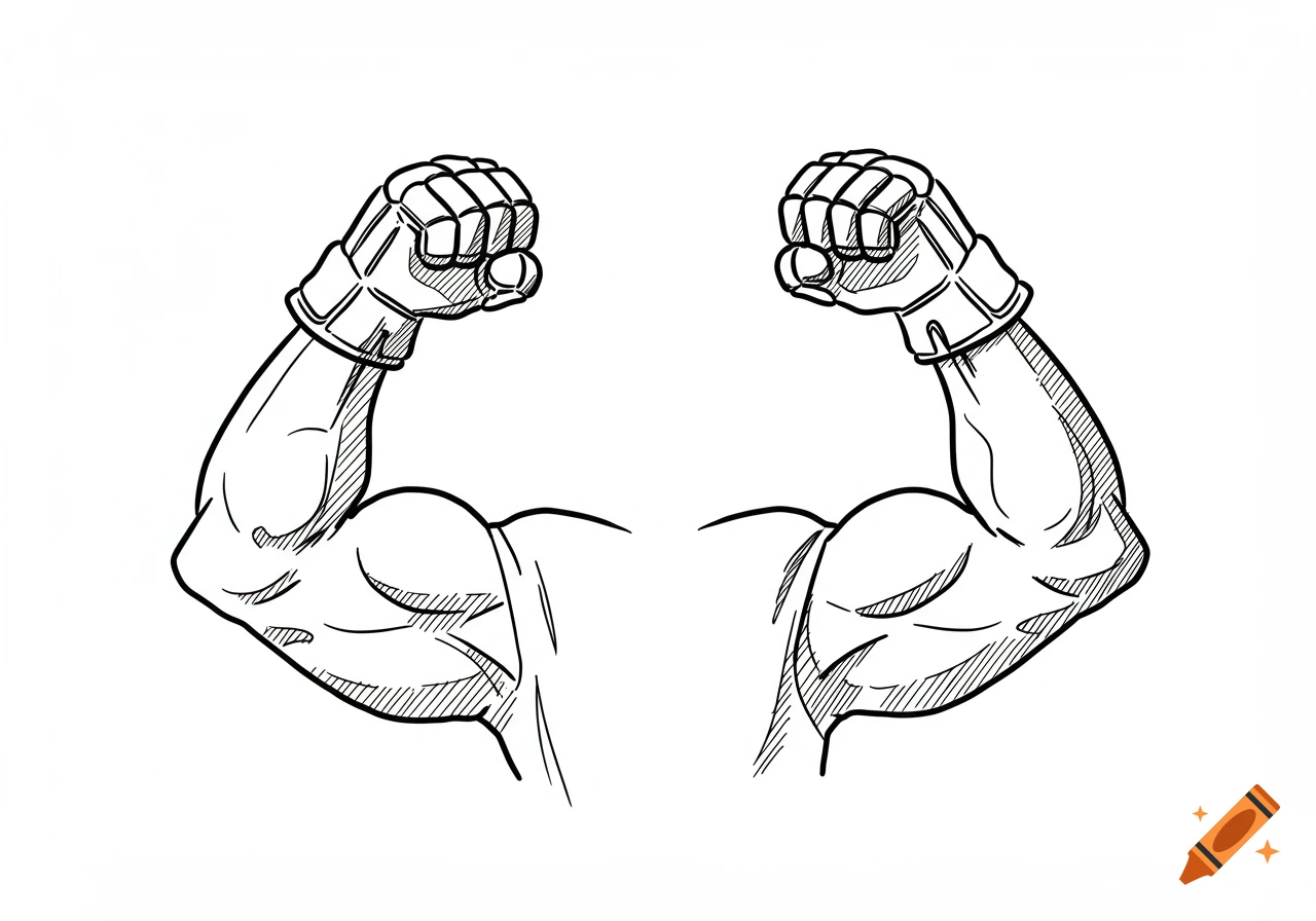 Line drawing of two flexing muscular arms with fists raised.