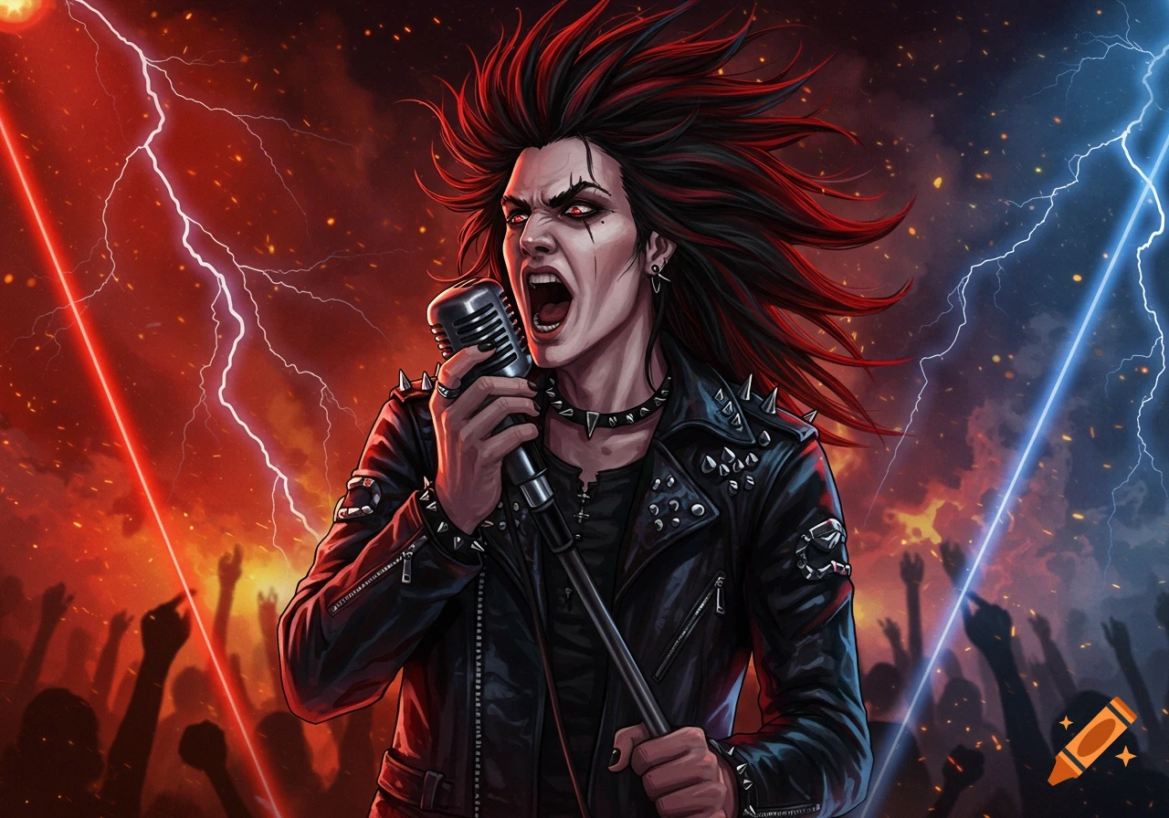 Anime-style male metal singer with spiky hair and a leather jacket screams into a microphone on stage amidst lightning and a crowd.