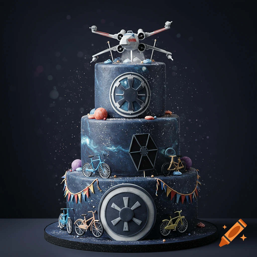 A dark blue, multi-tiered birthday cake featuring Star Wars symbols, an X-Wing spaceship topper, and miniature bicycles.