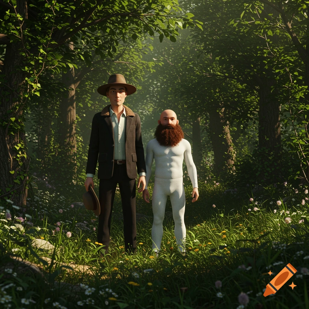 Two men, one in a suit and hat and the other bald with a large beard in a white suit, stand in a lush forest in a realistic 3D render.