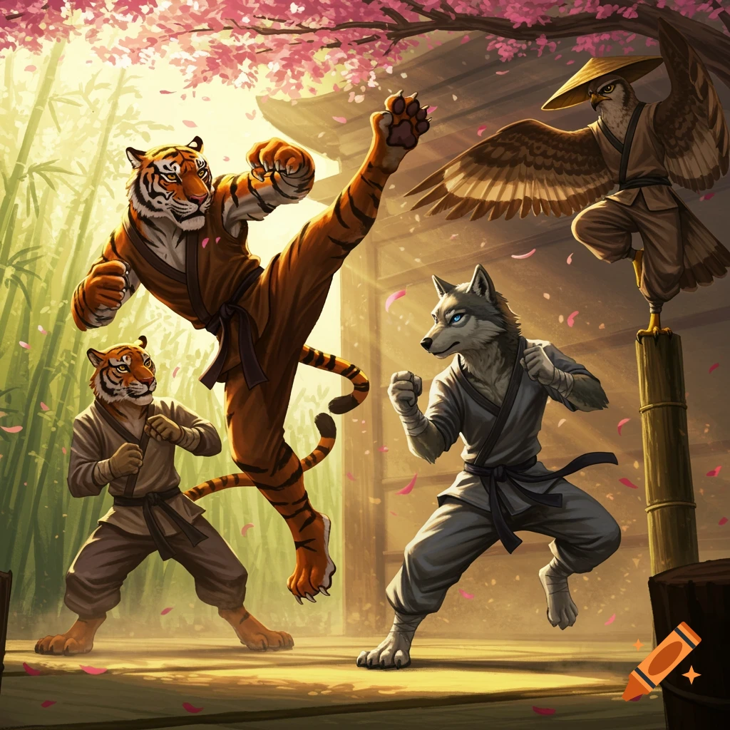 Anthropomorphic animals, including a tiger, wolf, and hawk, practice martial arts in a sunlit dojo.