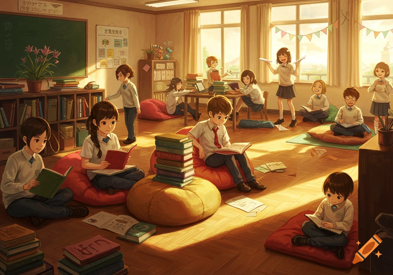 Anime-style illustration of students reading in a sunlit classroom, some on beanbags, others at desks, surrounded by books.