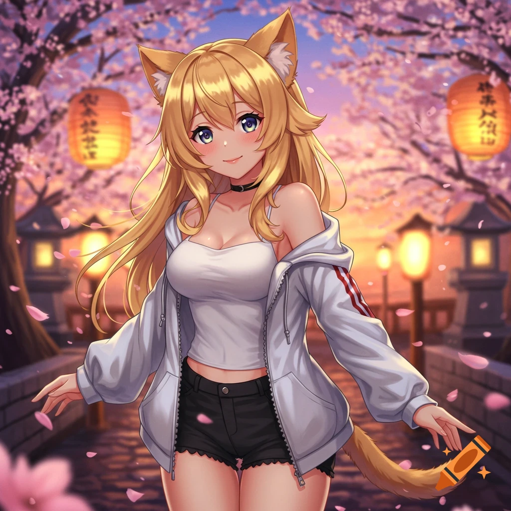 Blonde anime cat-girl in a white hoodie and black shorts standing under cherry blossoms at sunset.