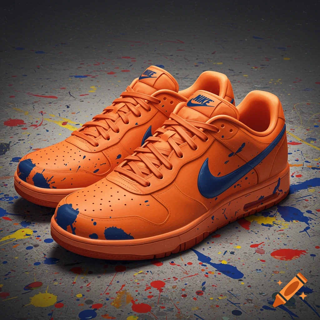 Two orange Nike sneakers with blue, red, and yellow paint splatters on a grey concrete background.