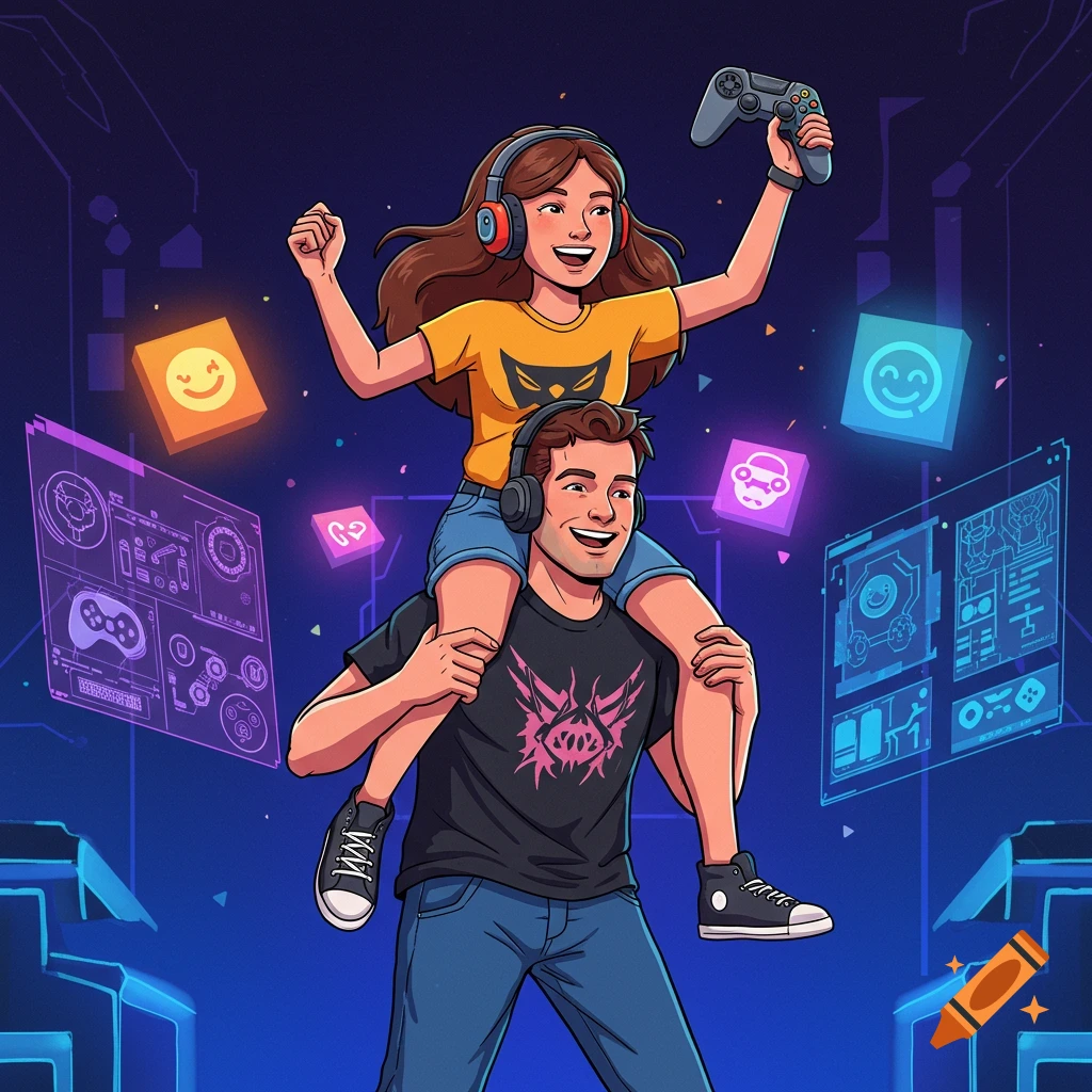 A vibrant cartoon illustration of a girl on a man's shoulders, both wearing headphones, in a futuristic gaming environment.