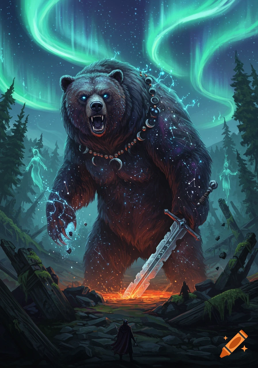 A colossal cosmic bear with glowing eyes, fur of constellations, and a necklace of moons, holding a sword in a mystical forest with aurora lights.