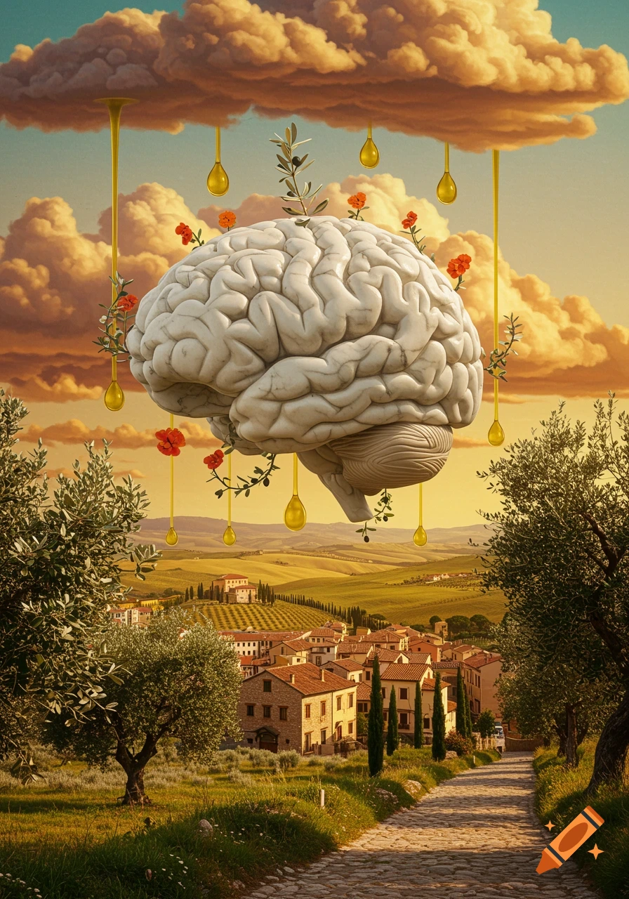A large brain floats above a Tuscan landscape with golden liquid dripping from clouds and the brain, adorned with flowers and olive branches.