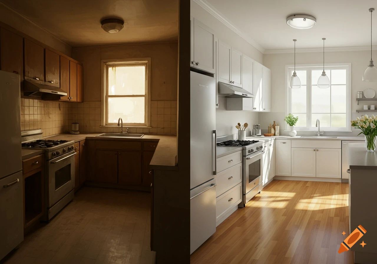 A before and after split image of a kitchen, showing a dark, old room transformed into a bright, modern space.