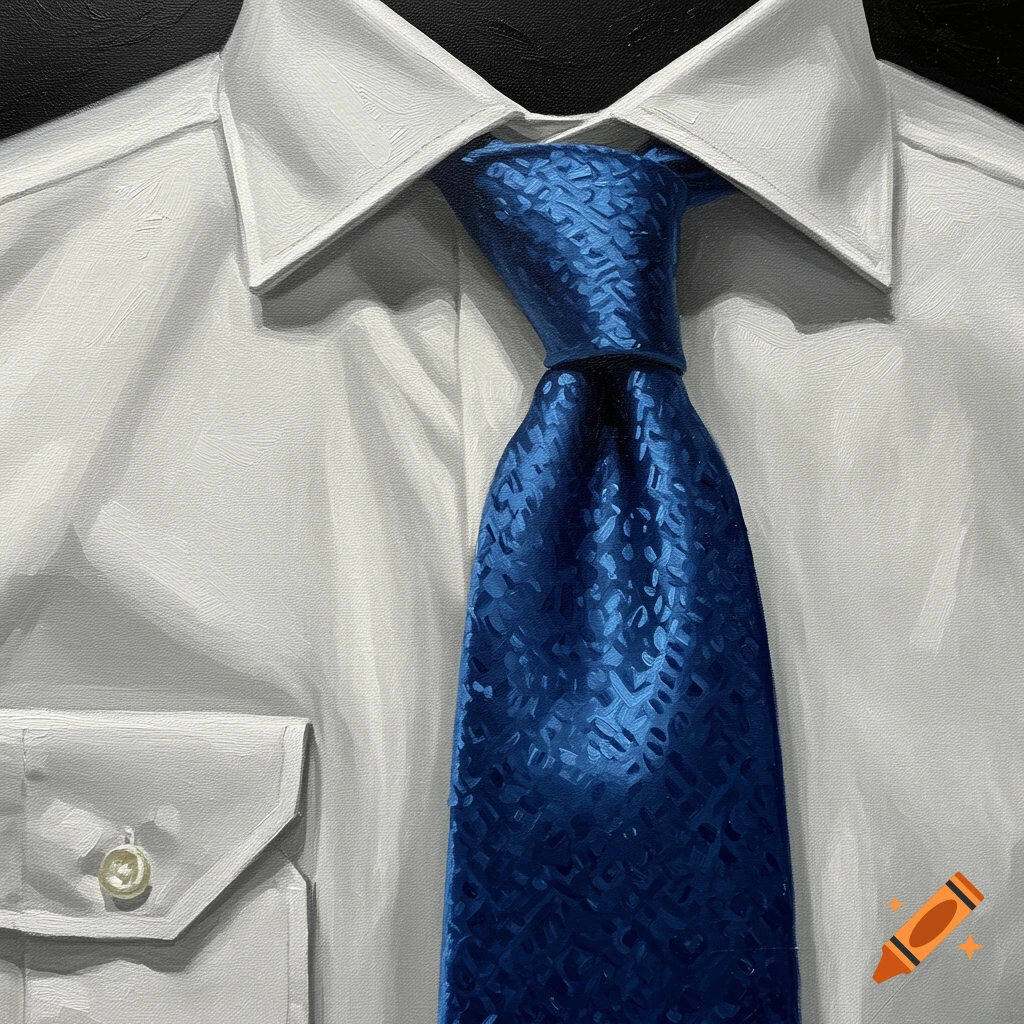 Close-up painting of a white dress shirt with a blue patterned tie.