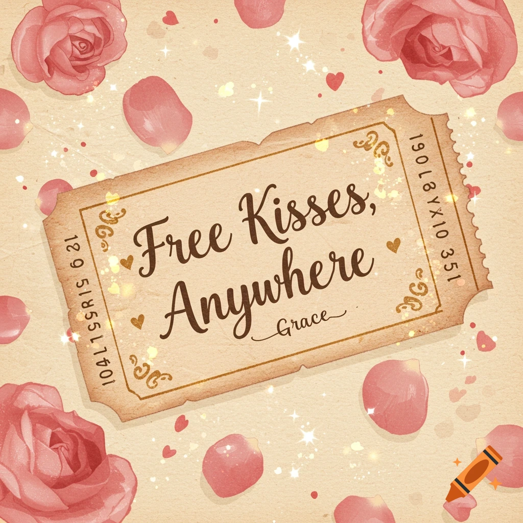 A vintage-style ticket with "Free Kisses, Anywhere" and "Grace" written on it, surrounded by pink roses, petals, and glitter on a light background.