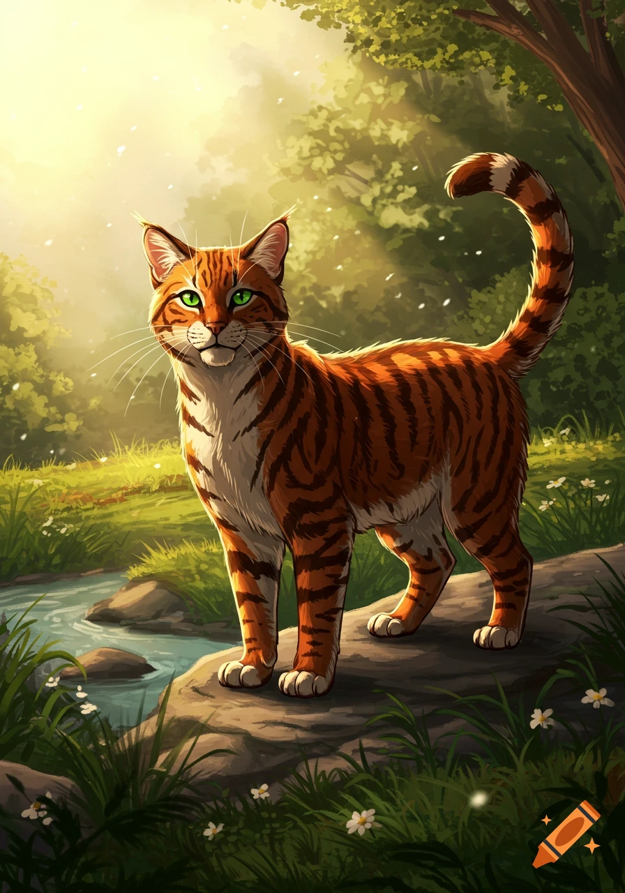A stylized illustration of an orange tabby cat with green eyes standing on a rock next to a stream in a sunlit forest.