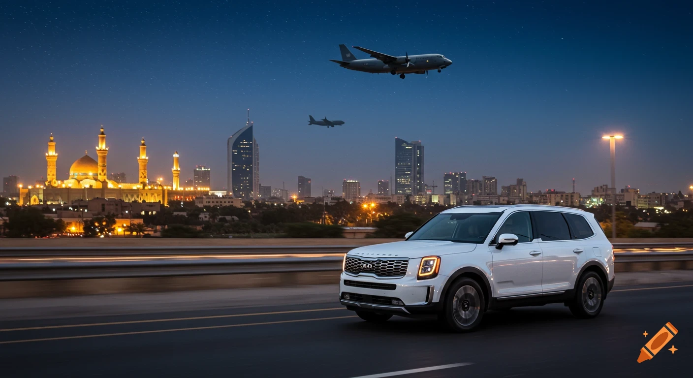 A white Kia Telluride SUV drives on a highway at night with a city skyline and two airplanes in the sky.