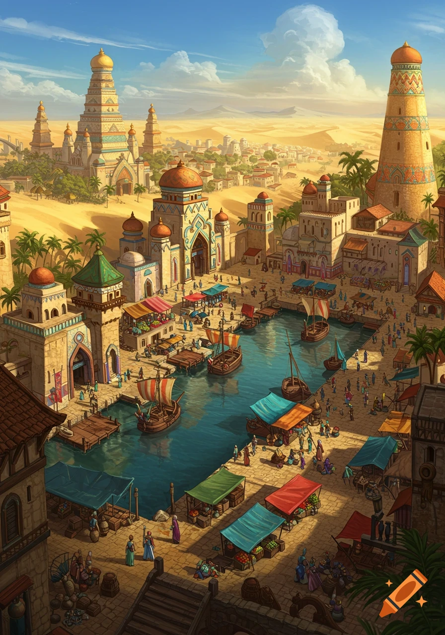 A vibrant fantasy port city with bustling markets and boats in a canal, surrounded by desert and towering, ornate buildings.