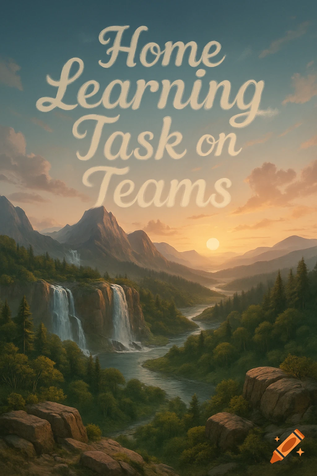 A scenic landscape with mountains, waterfalls, a river, and a sunset. Text overlay reads Home Learning Task on Teams.