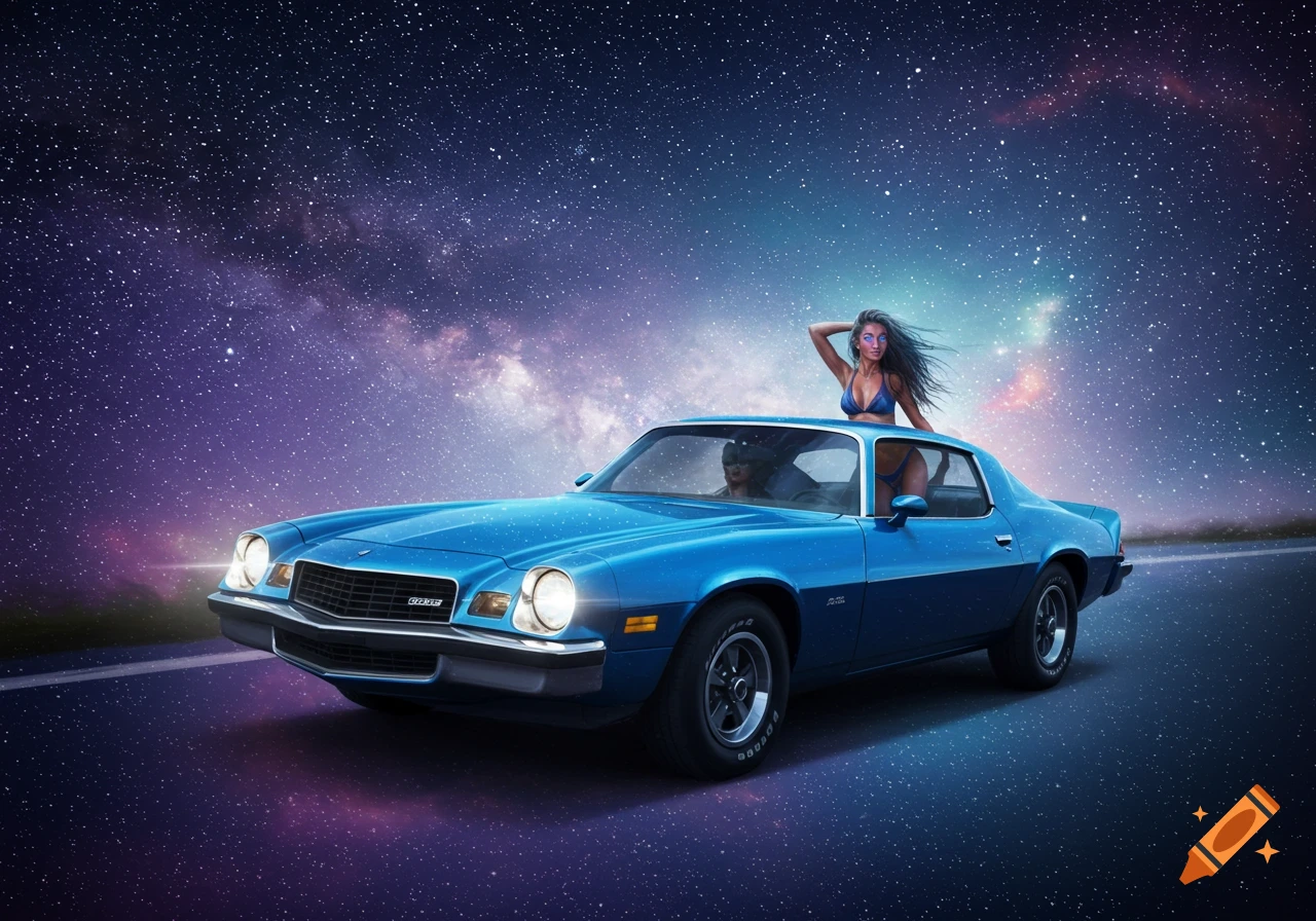 A blue 1978 Camaro with a bikini-clad woman posing on its roof drives on a road beneath a vibrant, star-filled Milky Way.