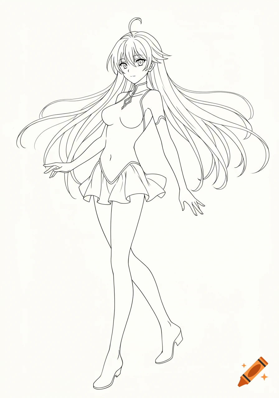Full-body line art drawing of a female anime character standing.