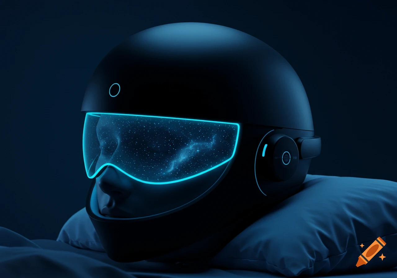 A sleek black sleep helmet with a glowing blue visor displaying a starry galaxy, resting on a white pillow in a dark room.
