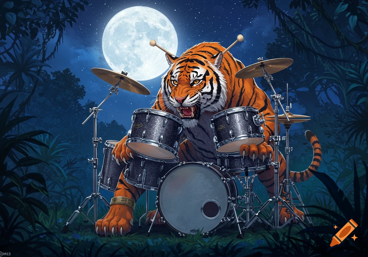 A fierce tiger plays a drum set in a dark jungle under a bright full moon, in a digital painting style.