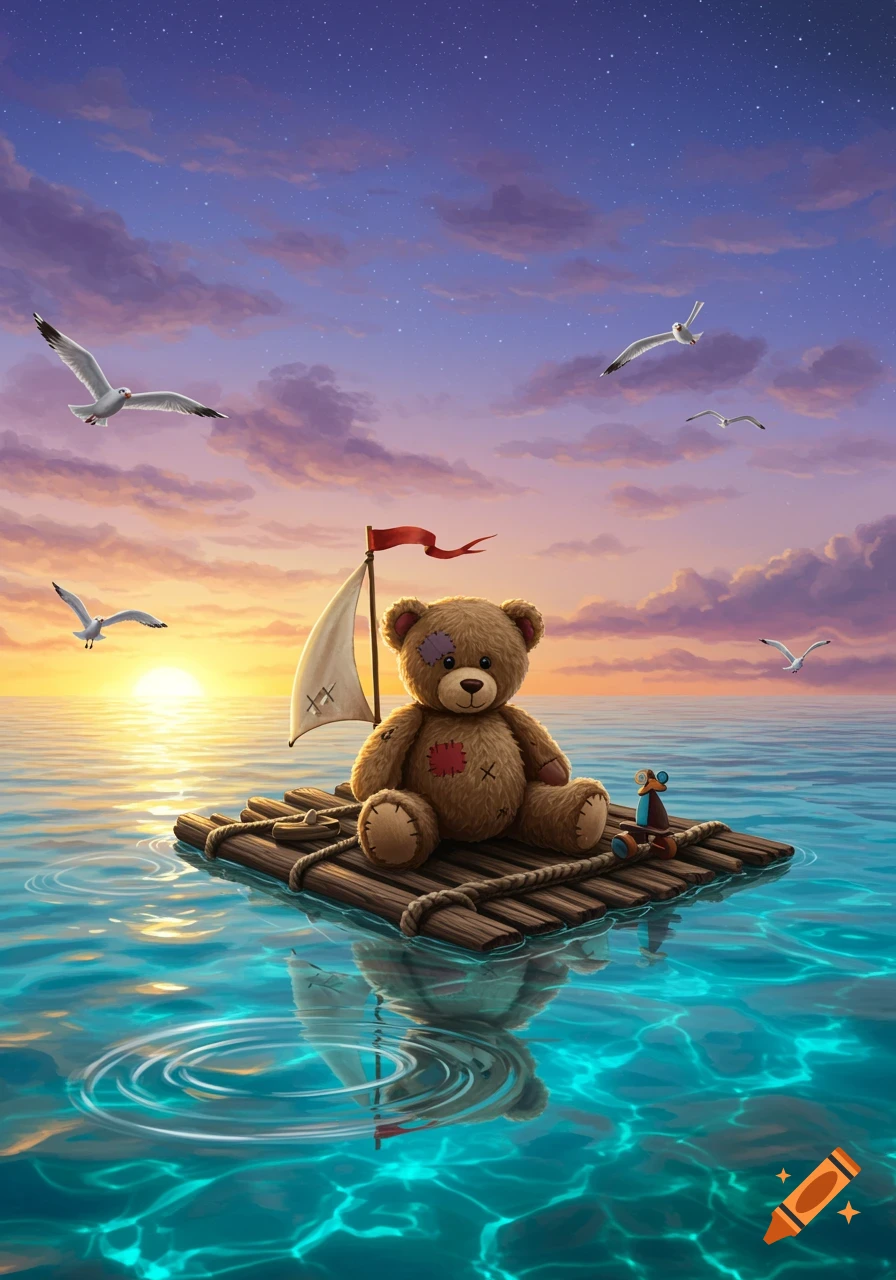 A teddy bear on a raft floats on the turquoise ocean at sunset, with seagulls flying under a starry sky.