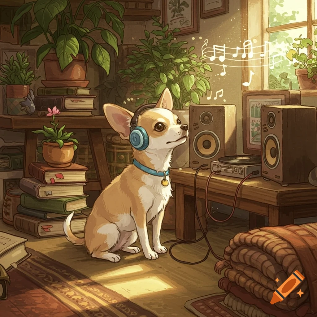 A tan and white chihuahua wears headphones, sitting in a cozy room with books and plants, listening to music, in Studio Ghibli style.